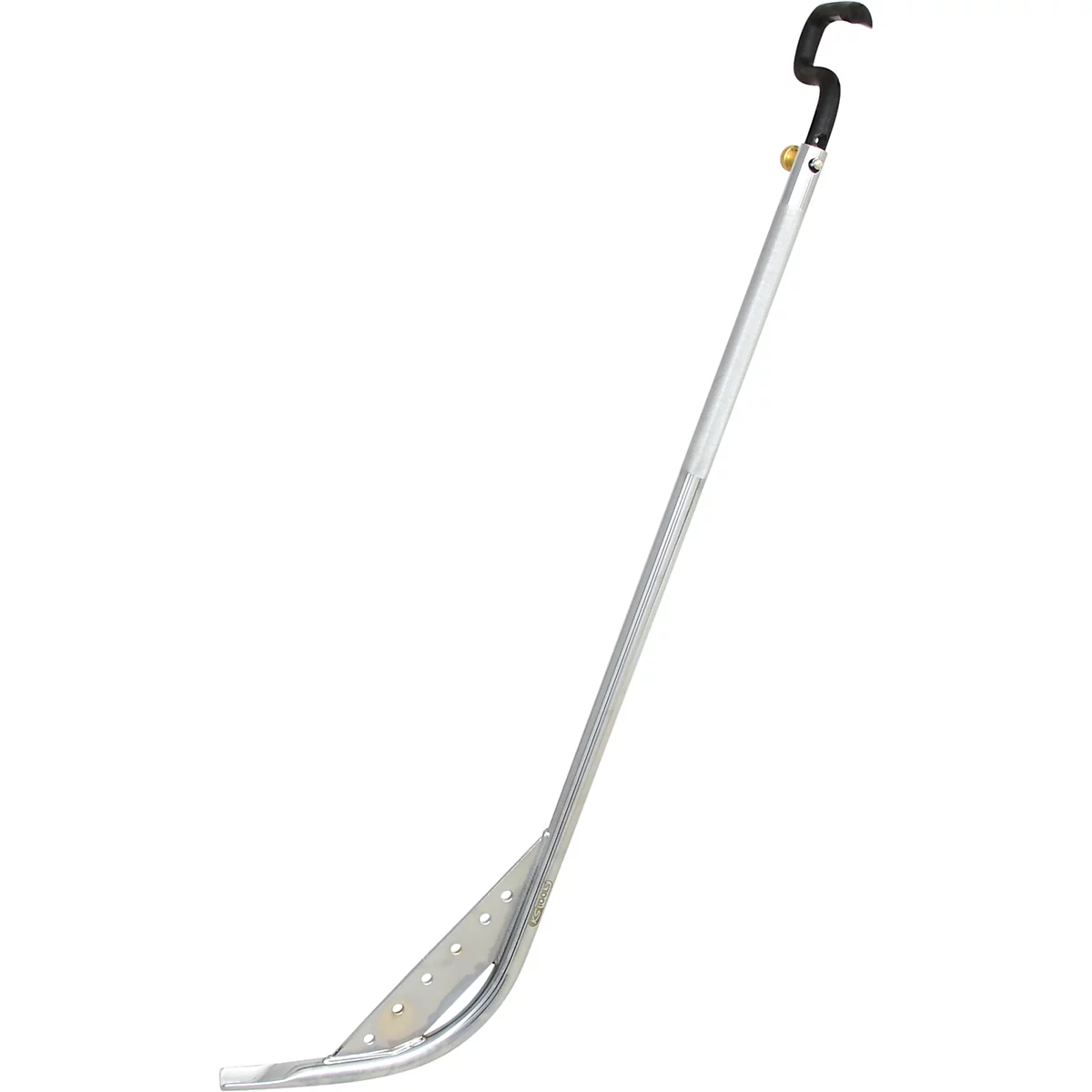 Ein silbernes Werkzeug mit gebogener Klinge und langem Stiel; am Ende ein Haken.